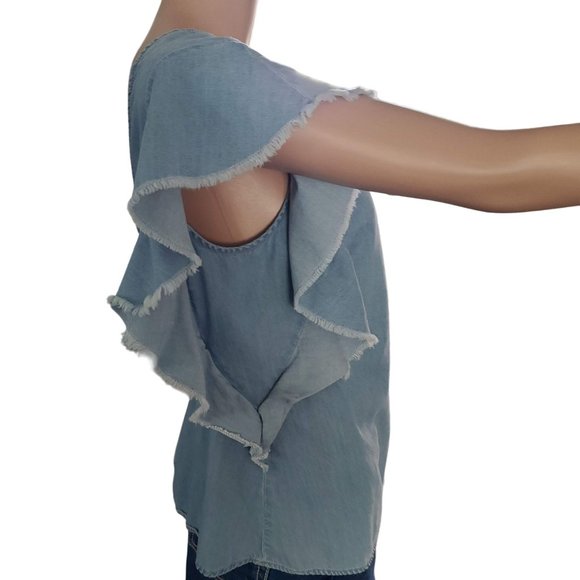 Express Sz Medium Blue Chambray Flutter Sleeve Open Back with Adj Knot Tie - Picture 3 of 7